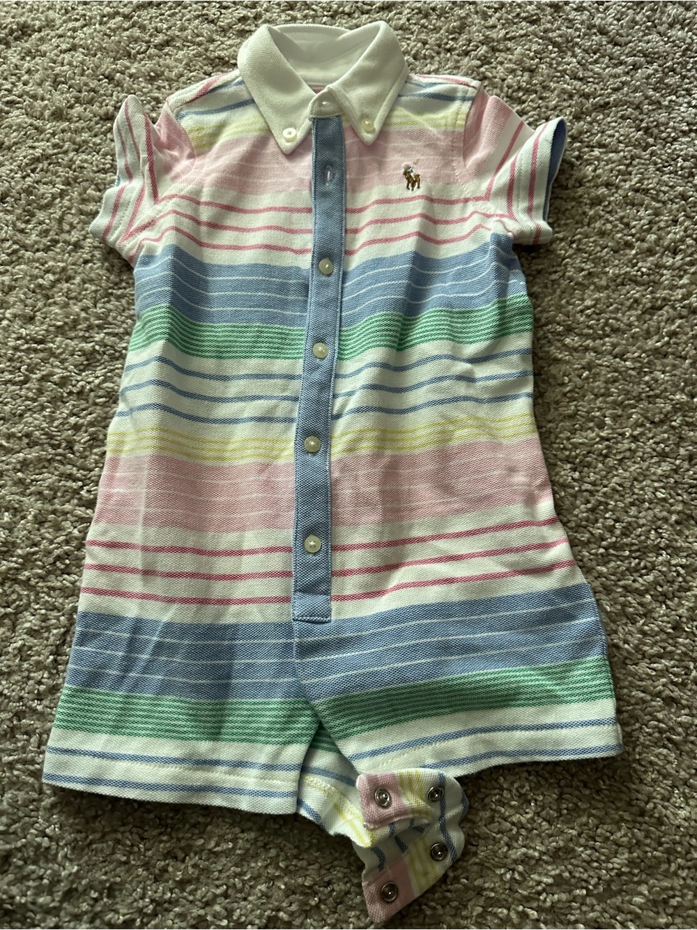 Ralph Lauren Striped Polo Romper in Pink, Blue, Yellow and White